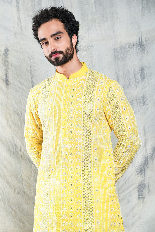 MISTED YELLOW SEQUIN EMBROIDERED KURTA SET WITH PEARL BUTTON DETAIL