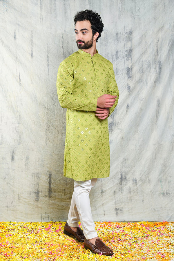 LIGHT OLIVE GREEN KURTA PYJAMA SET WITH CHECKERBOARD ABLA EMBROIDERY
