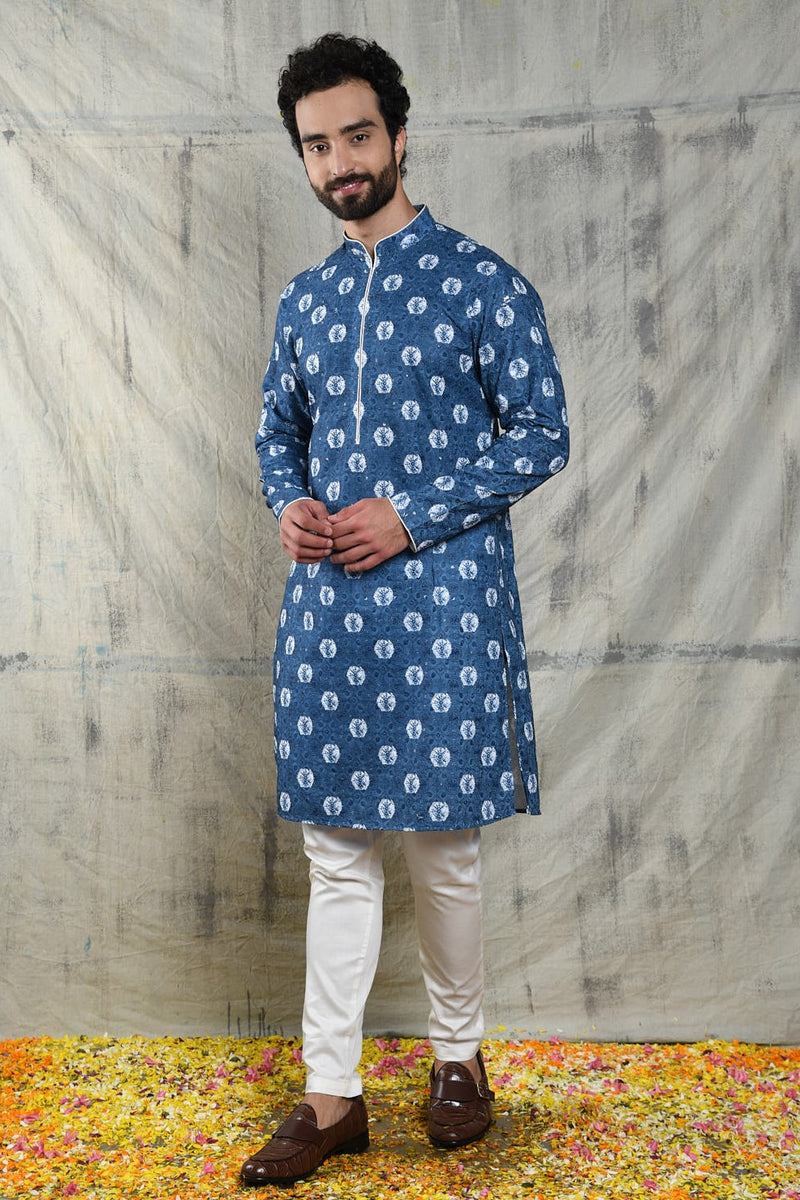EMBROIDERED REFLEX BLUE BANDHANI KURTA SET WITH SEQUINS & CONTRAST PIPING DETAIL