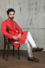 EMBROIDERED SCARLET RED KURTA PYJAMA SET WITH ALL OVER SEQUIN DESIGN