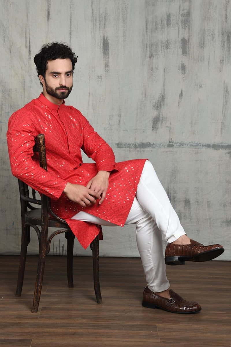 EMBROIDERED SCARLET RED KURTA PYJAMA SET WITH ALL OVER SEQUIN DESIGN
