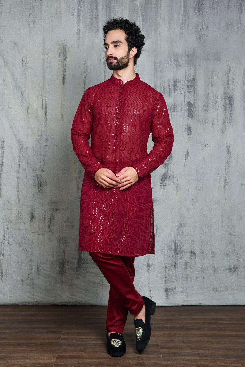 MAROON GEORGETTE ALL OVER SEQUINS EMBROIDERY KURTA PYJAMA SET