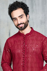 MAROON GEORGETTE ALL OVER SEQUINS EMBROIDERY KURTA PYJAMA SET
