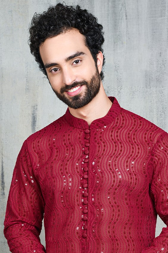 MAROON GEORGETTE ALL OVER SEQUINS EMBROIDERY KURTA PYJAMA SET