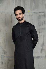 SATIN BLACK KURTA PYJAMA SET WITH PLEATED NECK DETAIL