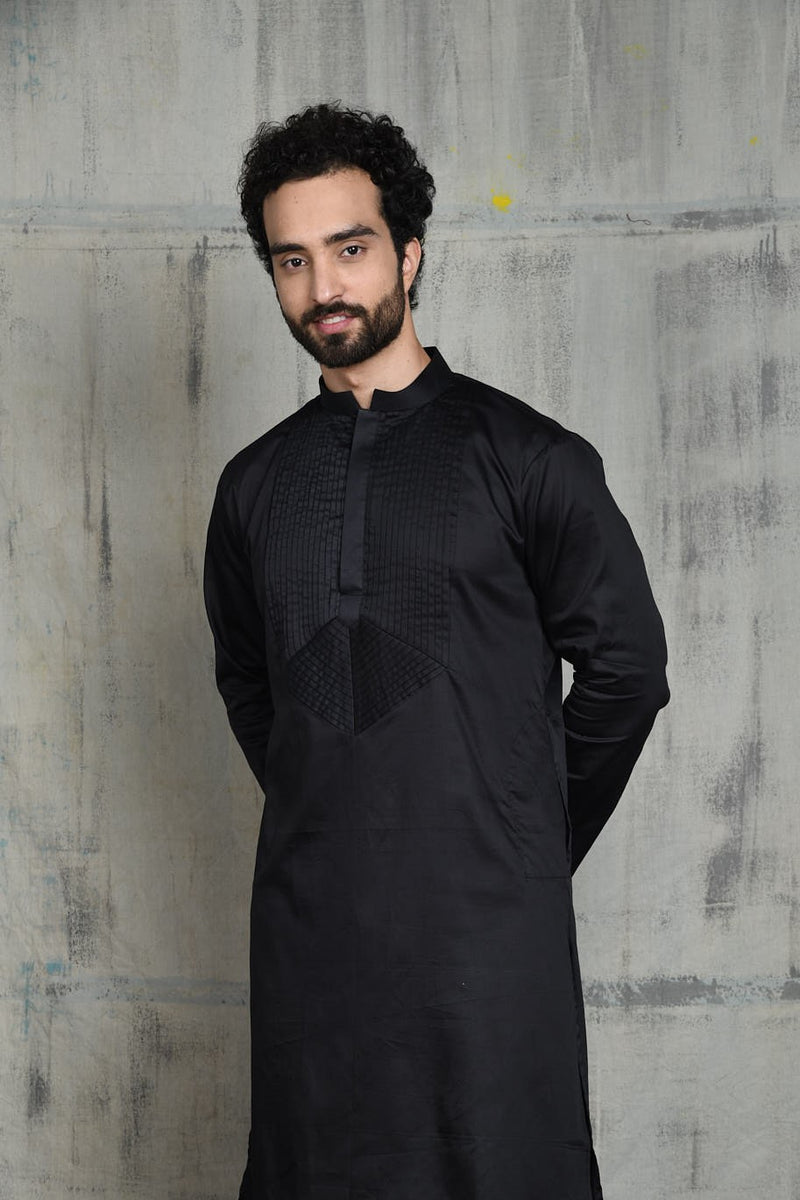 SATIN BLACK KURTA PYJAMA SET WITH PLEATED NECK DETAIL