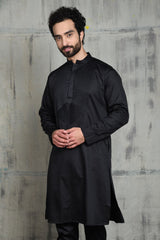 SATIN BLACK KURTA PYJAMA SET WITH PLEATED NECK DETAIL