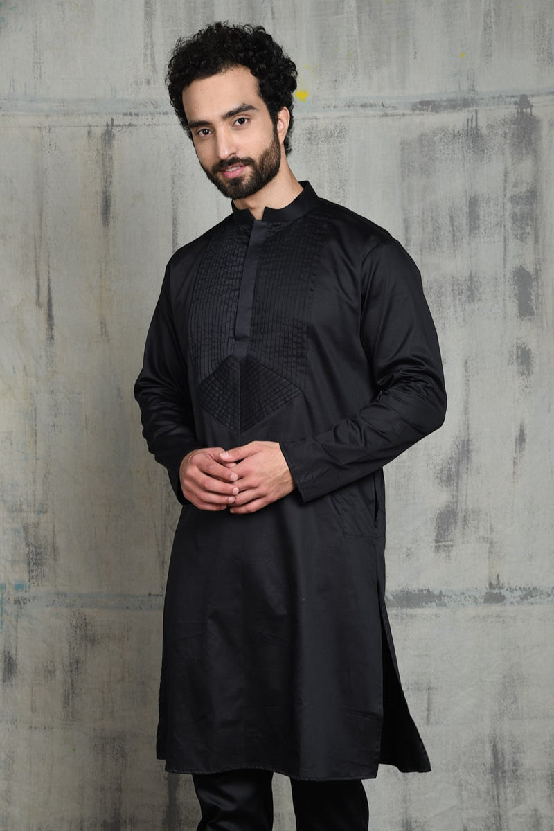SATIN BLACK KURTA PYJAMA SET WITH PLEATED NECK DETAIL