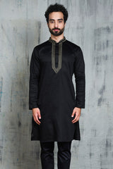 VELVET BLACK SATIN KURTA WITH NECK EMBROIDERY