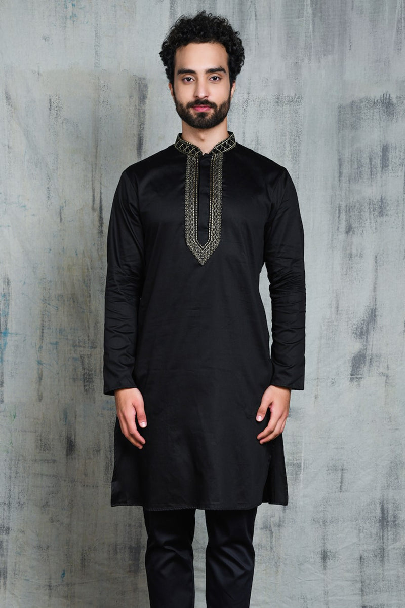 VELVET BLACK SATIN KURTA WITH NECK EMBROIDERY