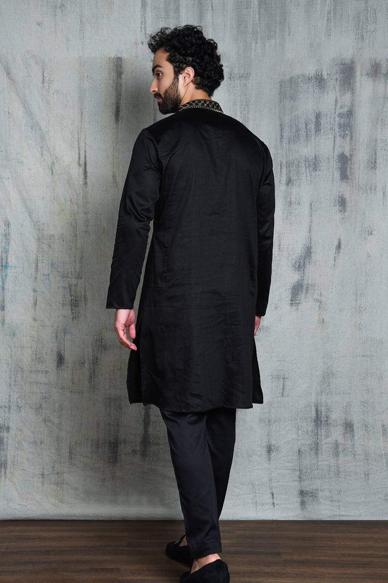 VELVET BLACK SATIN KURTA WITH NECK EMBROIDERY