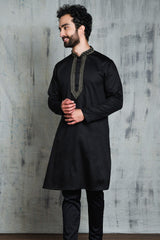 VELVET BLACK SATIN KURTA WITH NECK EMBROIDERY