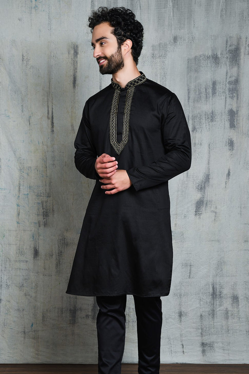 VELVET BLACK SATIN KURTA WITH NECK EMBROIDERY