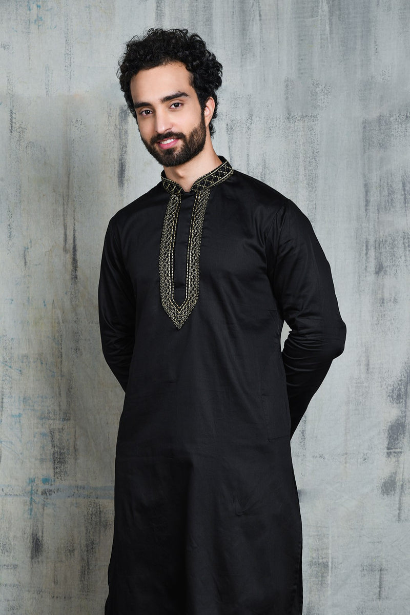 VELVET BLACK SATIN KURTA WITH NECK EMBROIDERY