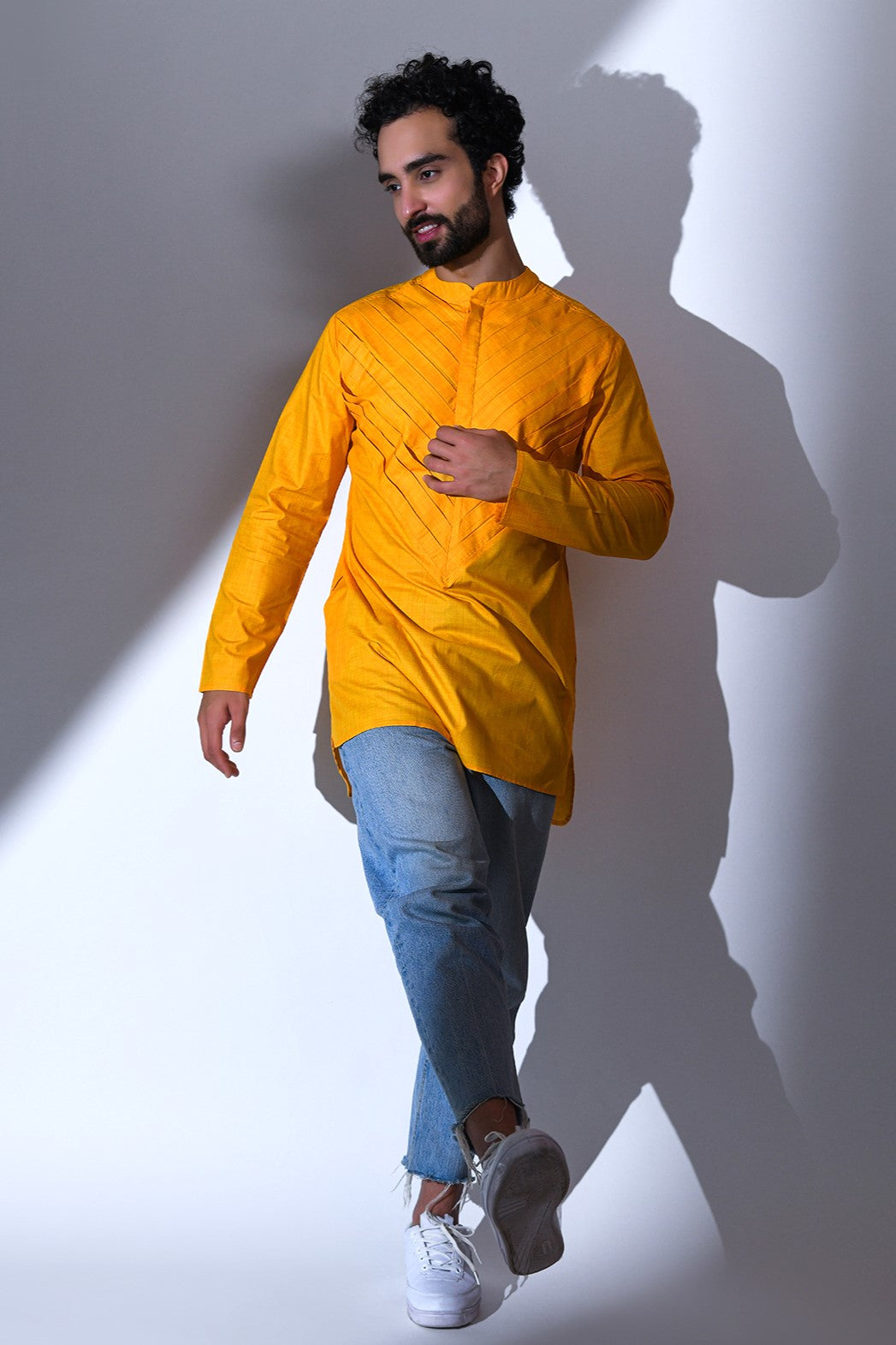 YELLOW ARROW DESIGN PLEATED COTTON SHORT KURTA