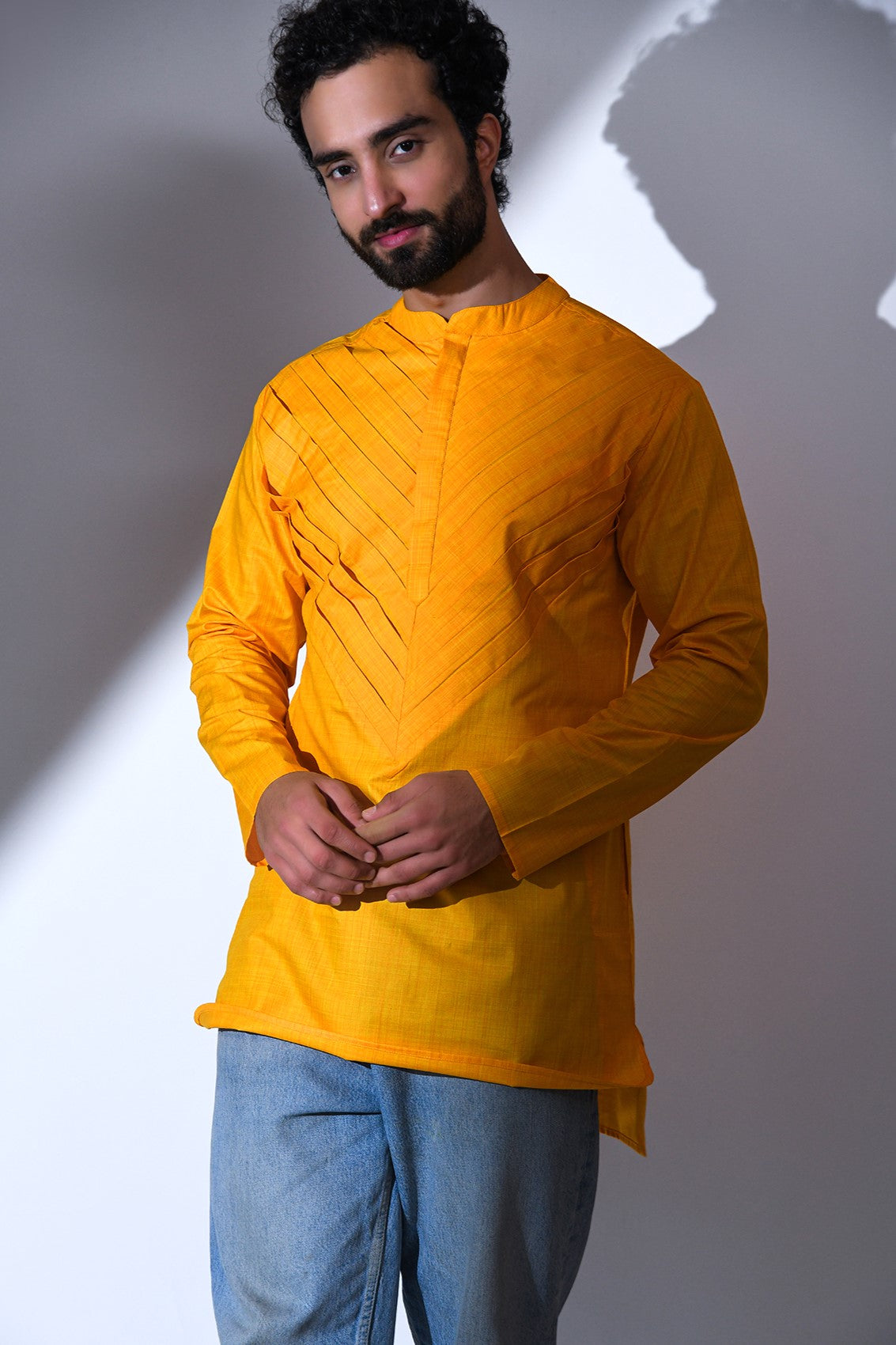 YELLOW ARROW DESIGN PLEATED COTTON SHORT KURTA