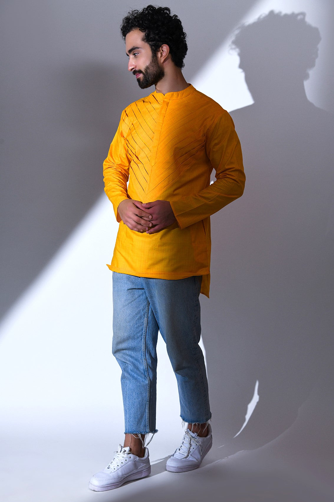 YELLOW ARROW DESIGN PLEATED SHORT KURTA