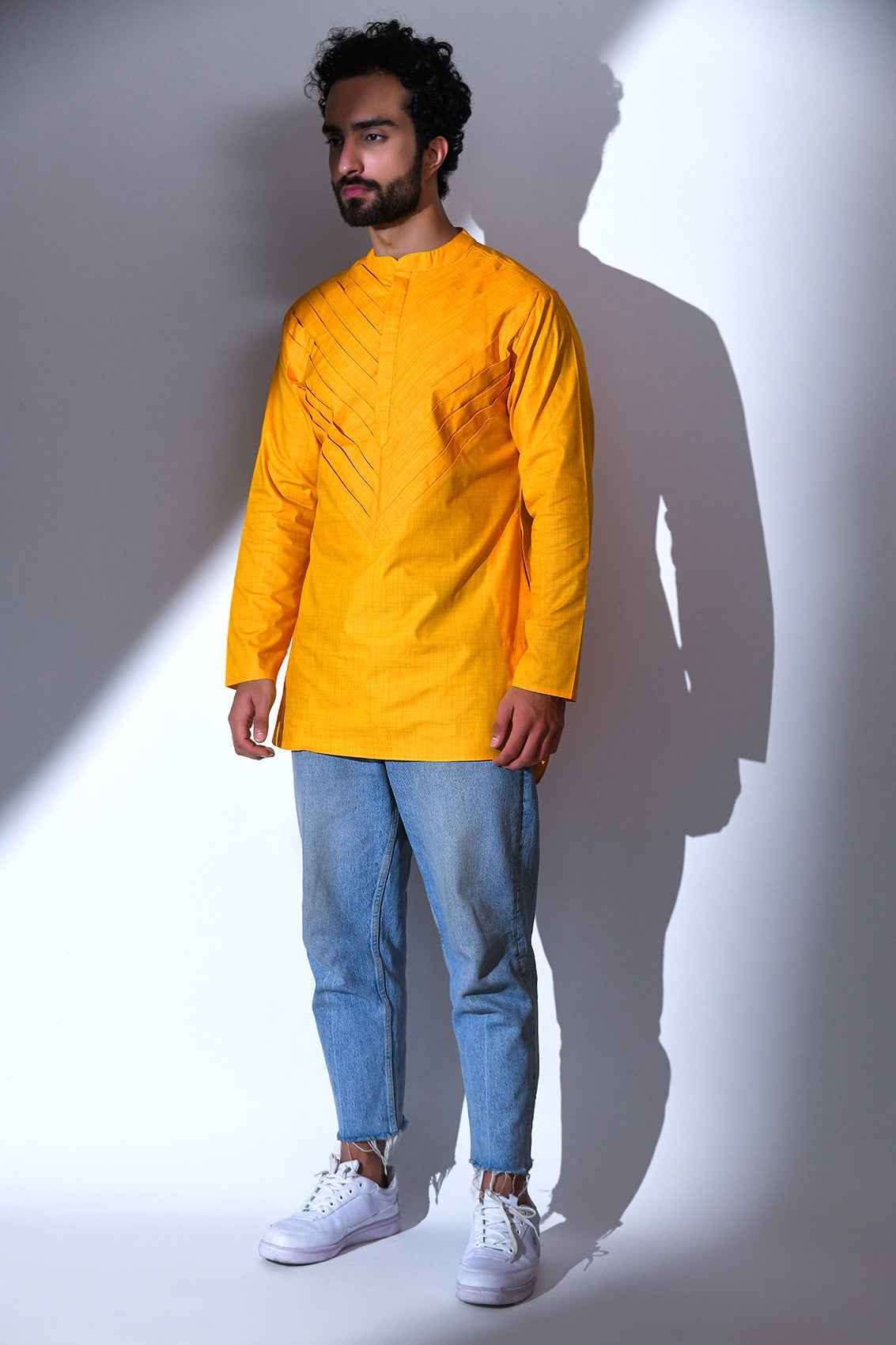 YELLOW ARROW DESIGN PLEATED SHORT KURTA