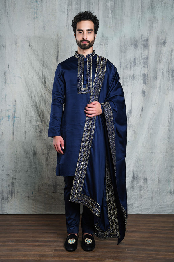 ROYAL BLUE SATIN KURTA SET WITH ZARI EMBROIDERY