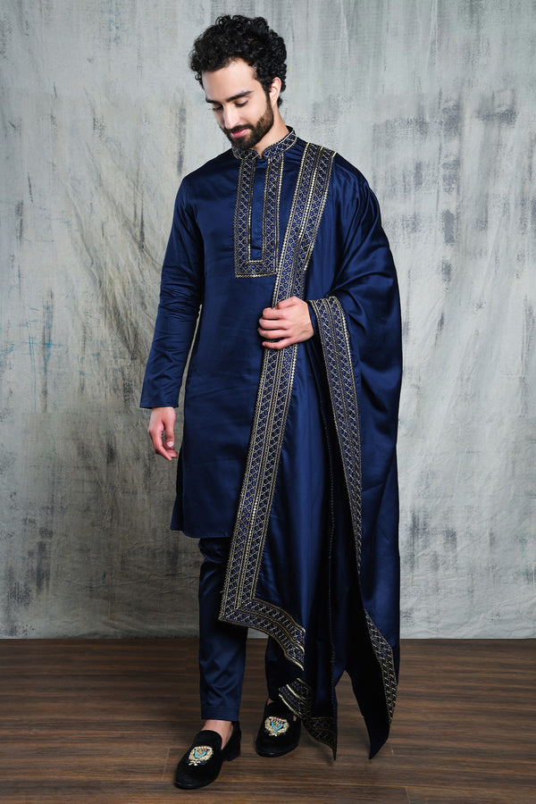 ROYAL BLUE SATIN KURTA SET WITH ZARI EMBROIDERY
