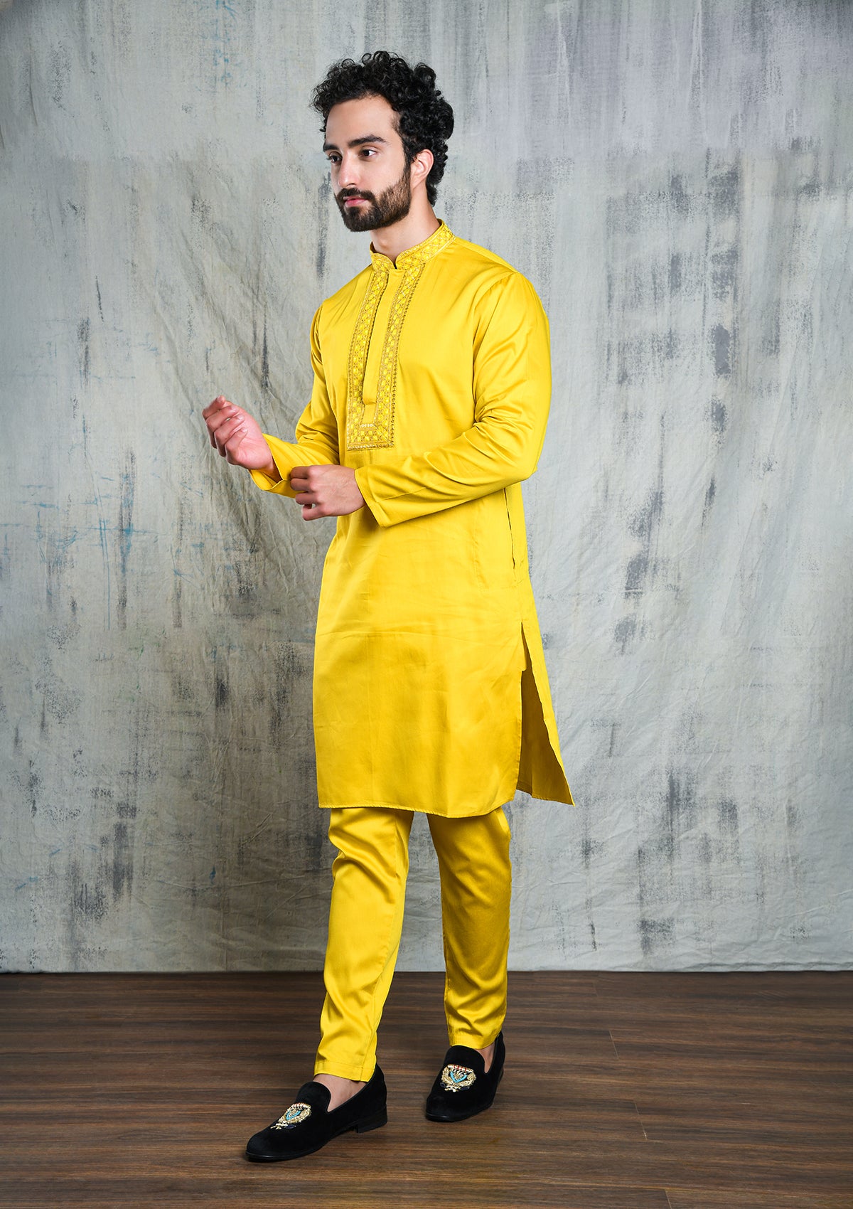 BLAZING YELLOW SATIN KURTA PYJAMA SET WITH U-NECK ZARI EMBROIDERED COLLAR & YOKE PATTI