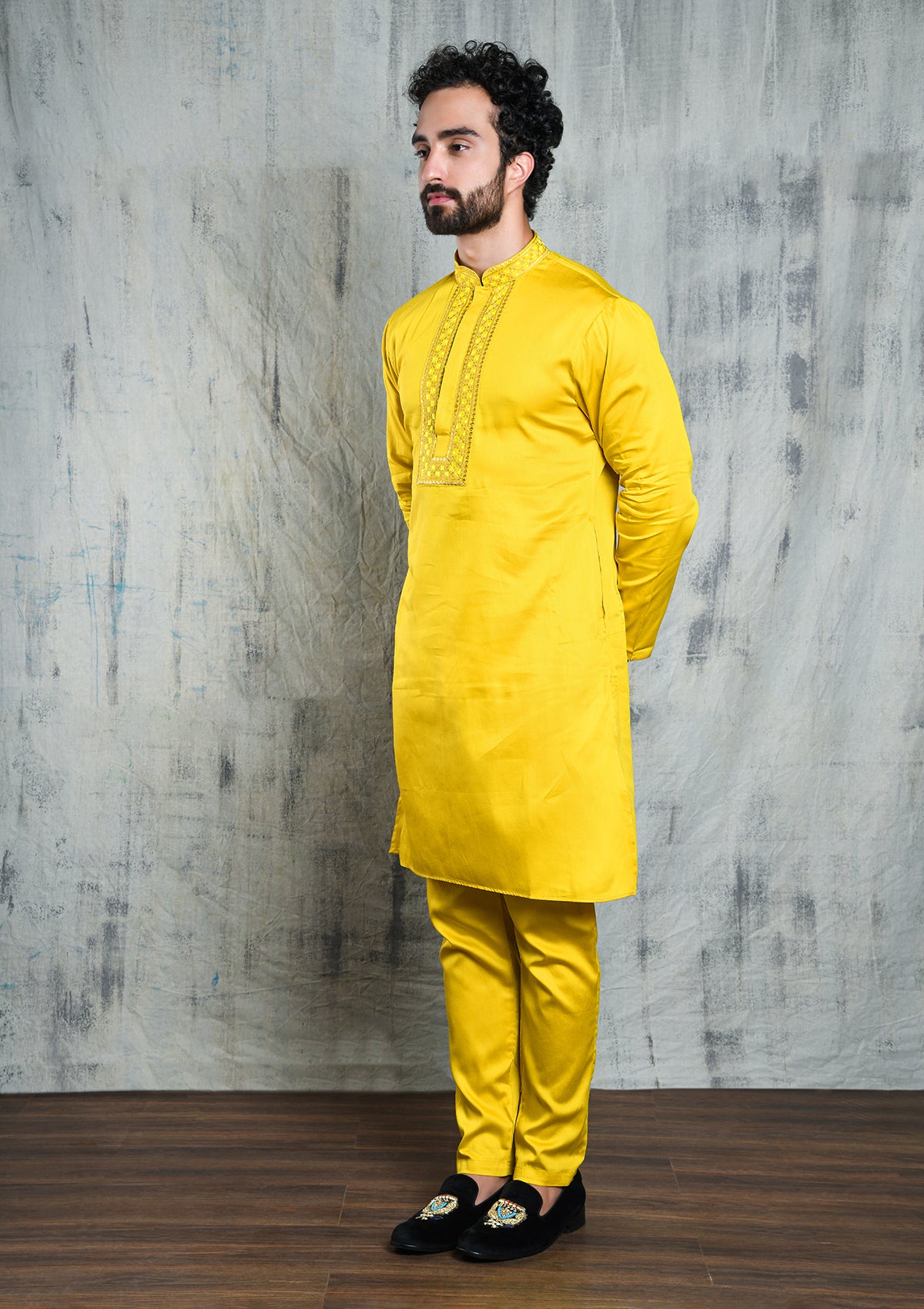 BLAZING YELLOW SATIN KURTA PYJAMA SET WITH U-NECK ZARI EMBROIDERED COLLAR & YOKE PATTI