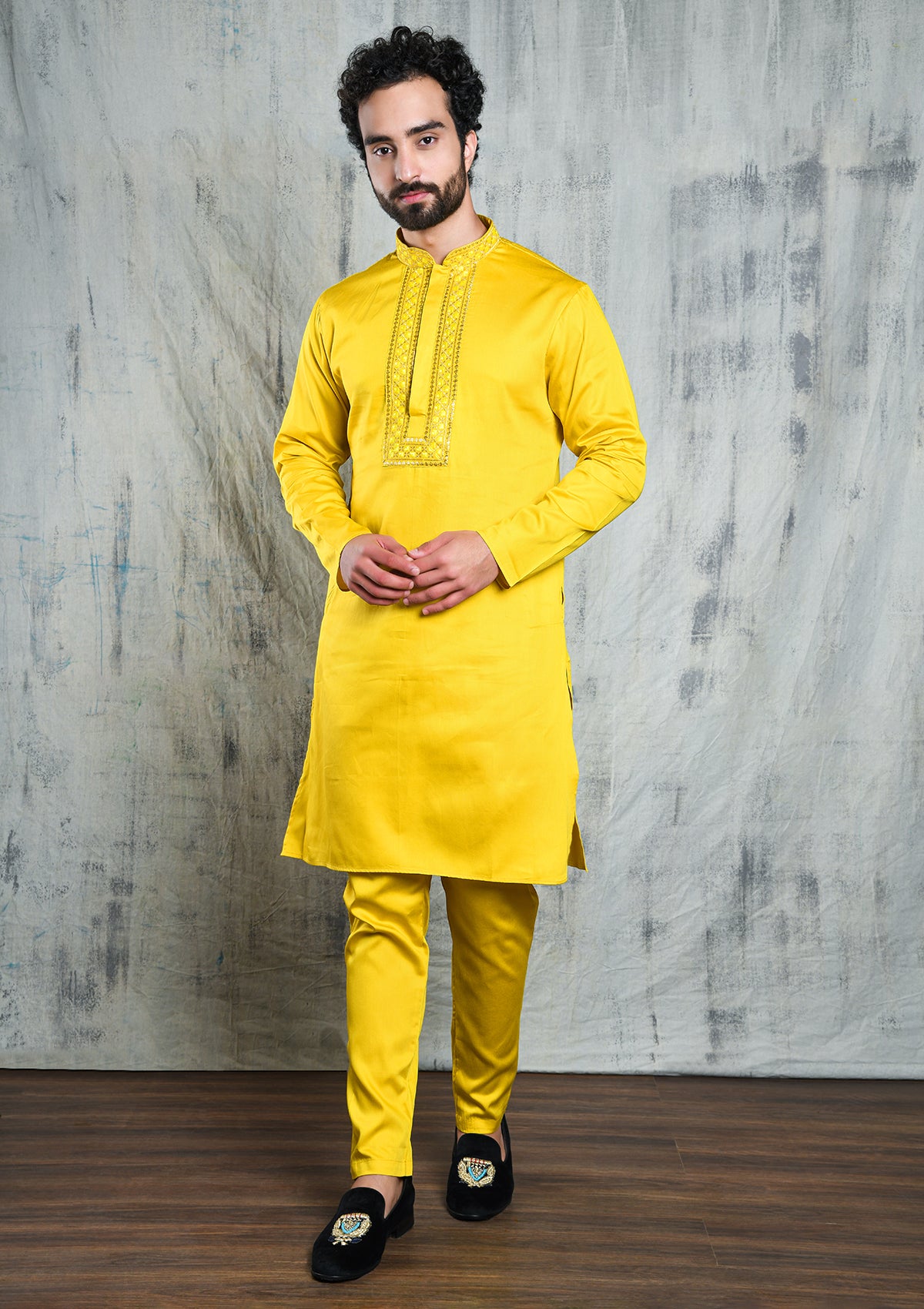 BLAZING YELLOW SATIN KURTA PYJAMA SET WITH U-NECK ZARI EMBROIDERED COLLAR & YOKE PATTI