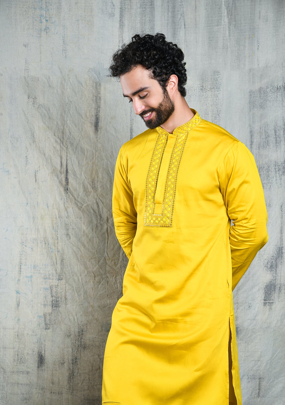BLAZING YELLOW SATIN KURTA PYJAMA SET WITH U-NECK ZARI EMBROIDERED COLLAR & YOKE PATTI