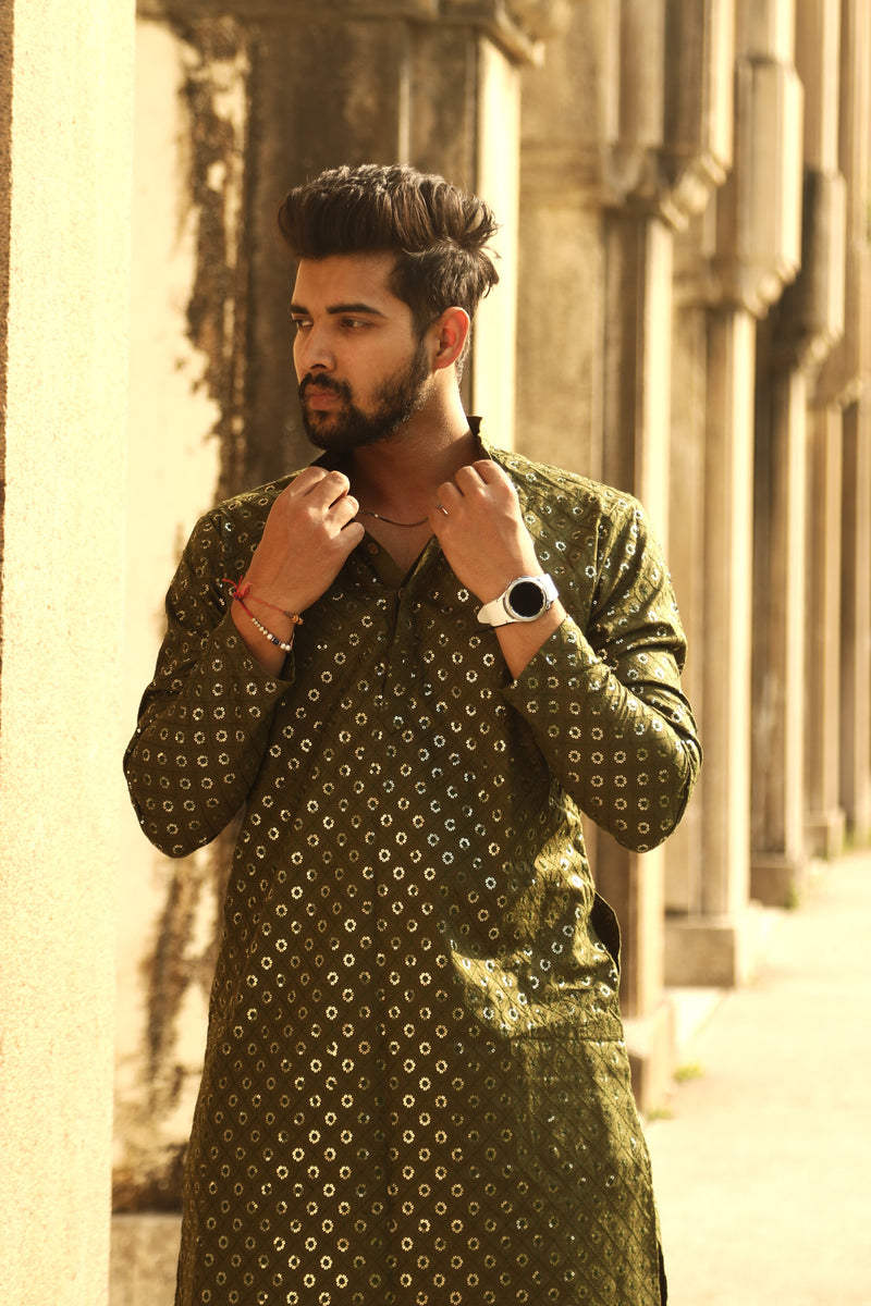 GARDEN GREEN COTTON KURTA PYJAMA SET WITH ALL OVER SEQUIN DESIGN