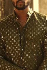 GARDEN GREEN COTTON KURTA PYJAMA SET WITH ALL OVER SEQUIN DESIGN