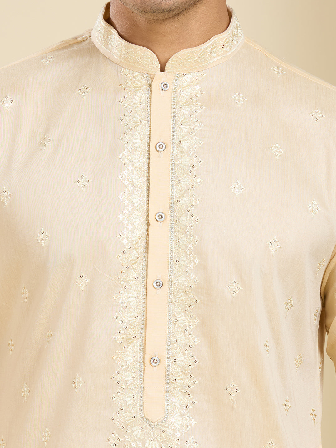 LIGHT BROWN KURTA PYJAMA SET WITH INTRICATE EMBROIDERY AROUND NECKLINE