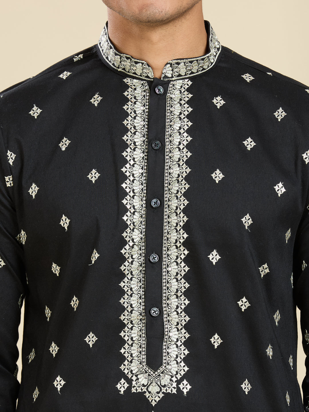 BRILLIANT BLACK KURTA PYJAMA SET WITH INTRICATE EMBROIDERY AROUND NECKLINE