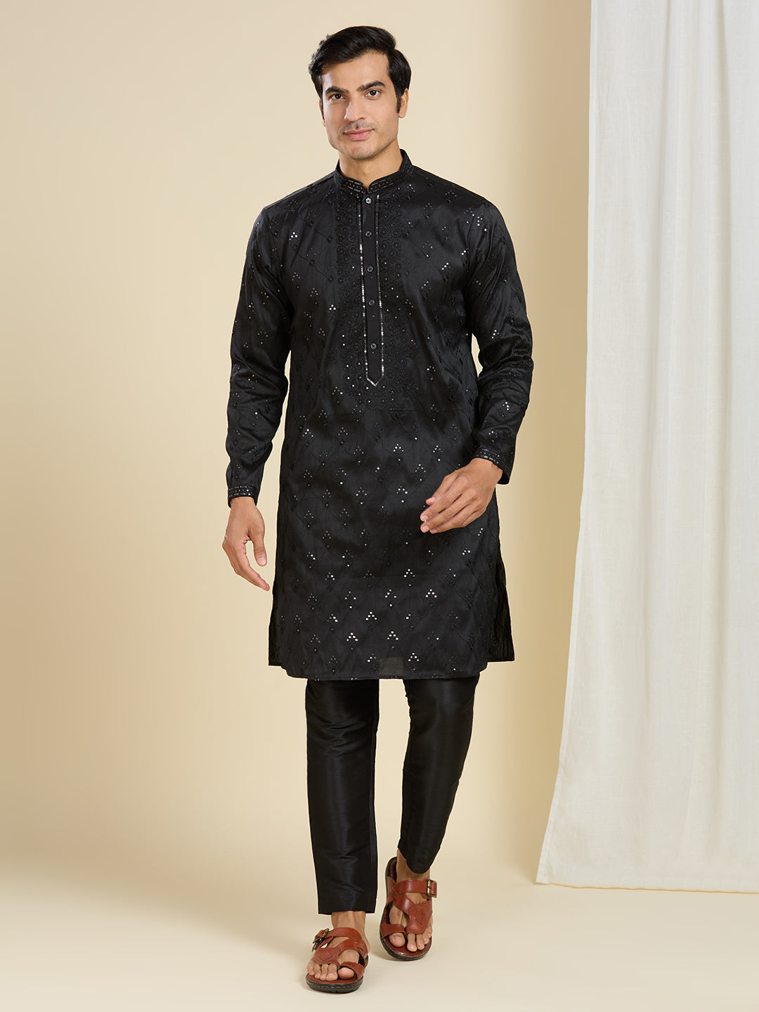 DARK BLACK KURTA PYJAMA SET WITH INTRICATE NECK EMBROIDERY WORK