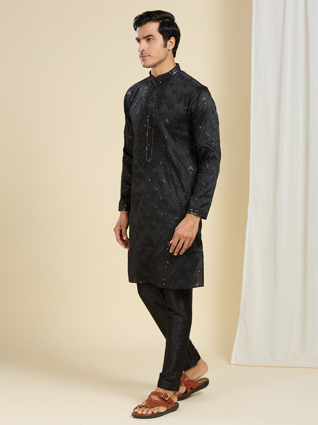 DARK BLACK KURTA PYJAMA SET WITH INTRICATE NECK EMBROIDERY WORK