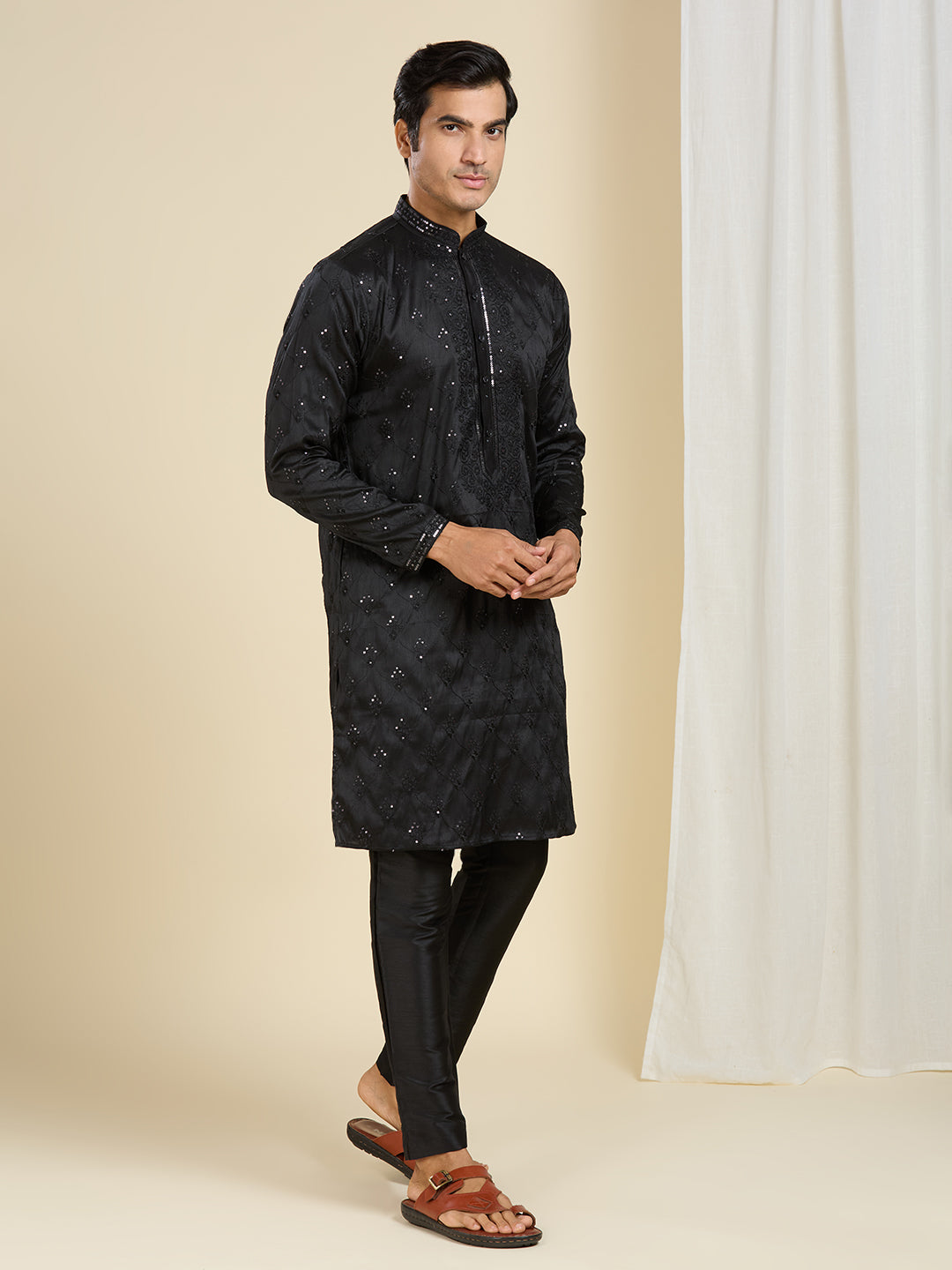 DARK BLACK KURTA PYJAMA SET WITH INTRICATE NECK EMBROIDERY WORK
