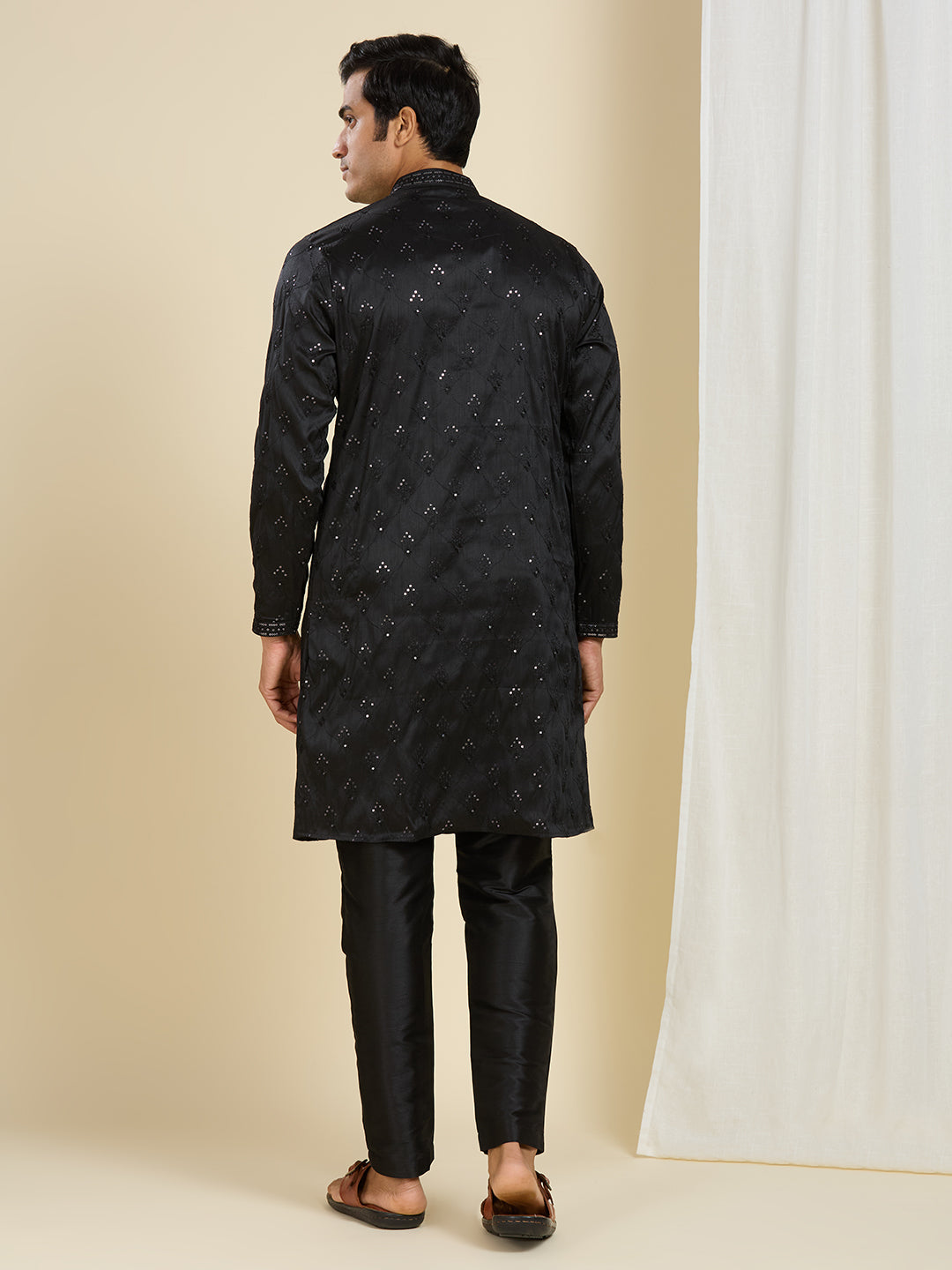 DARK BLACK KURTA PYJAMA SET WITH INTRICATE NECK EMBROIDERY WORK