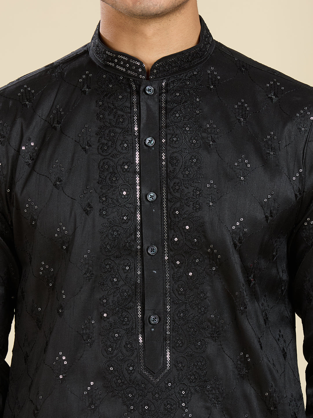 DARK BLACK KURTA PYJAMA SET WITH INTRICATE NECK EMBROIDERY WORK