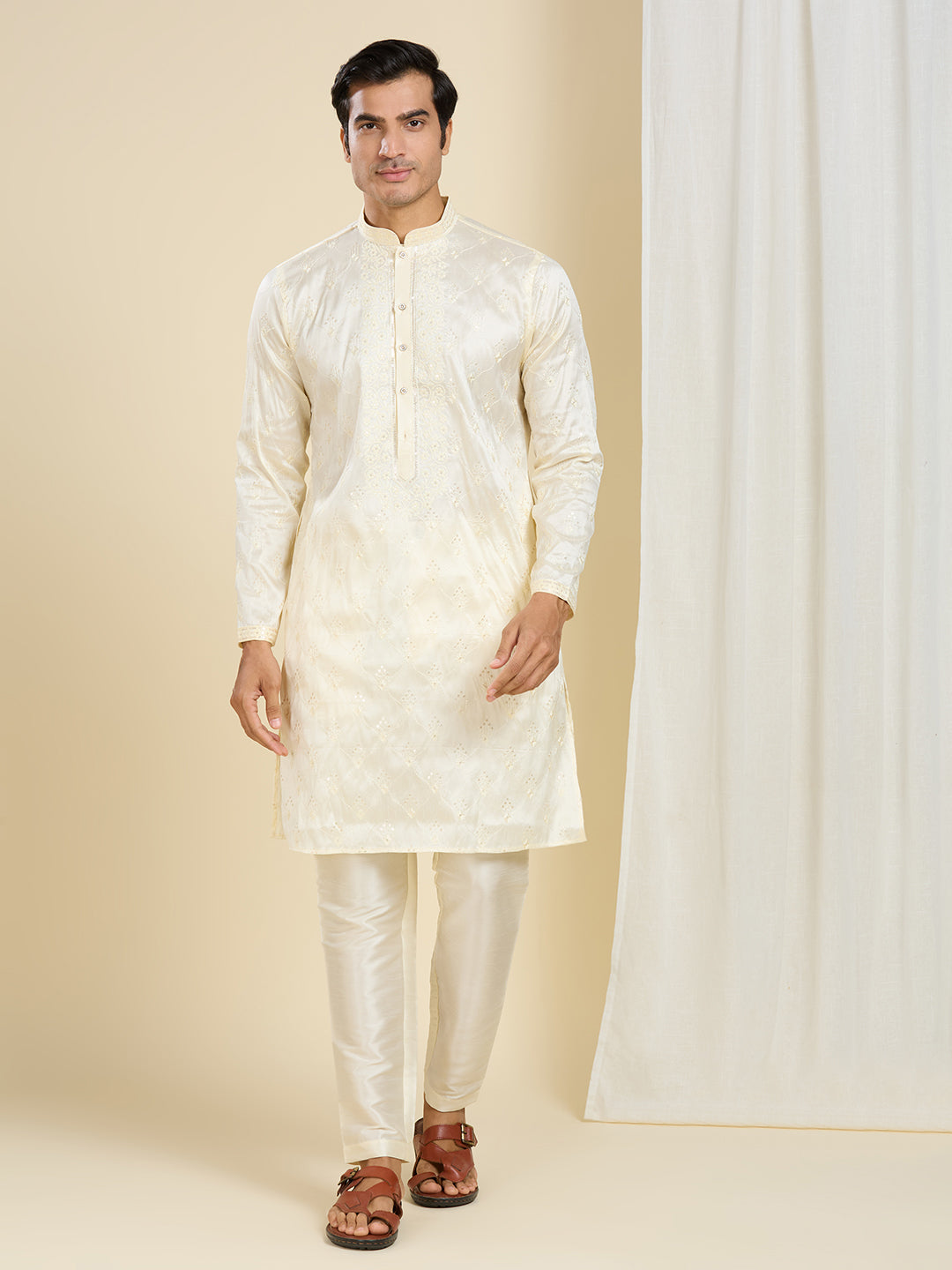 PEARLED CREAM KURTA PYJAMA SET WITH INTRICATE NECK EMBROIDERY WORK