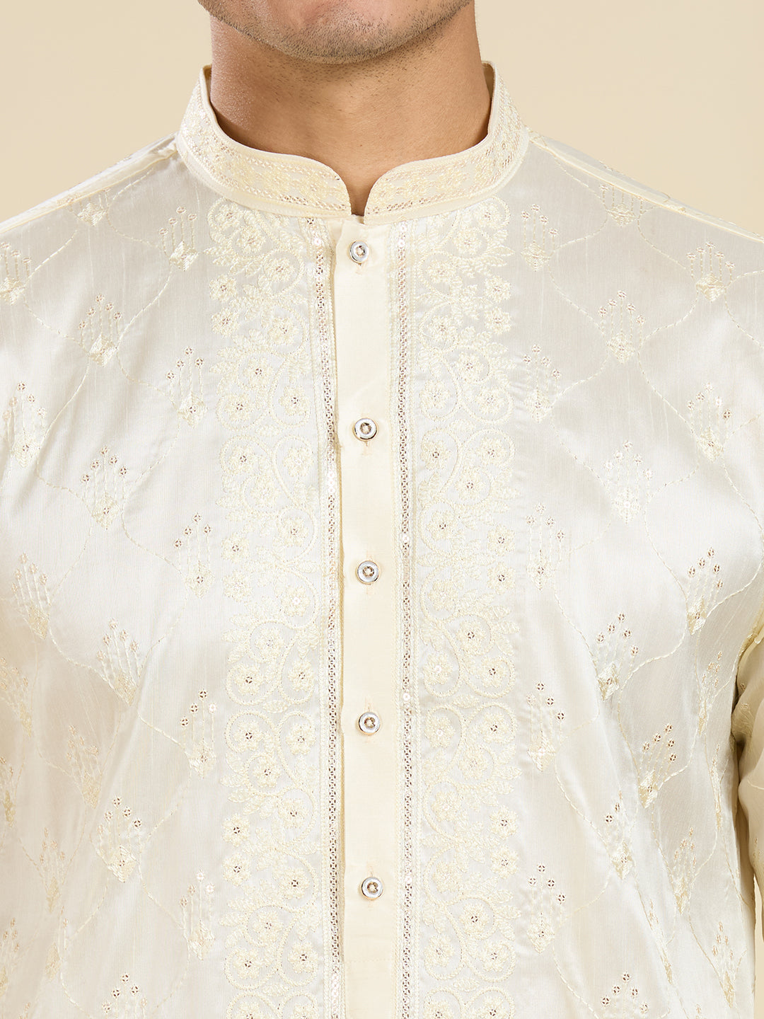 PEARLED CREAM KURTA PYJAMA SET WITH INTRICATE NECK EMBROIDERY WORK