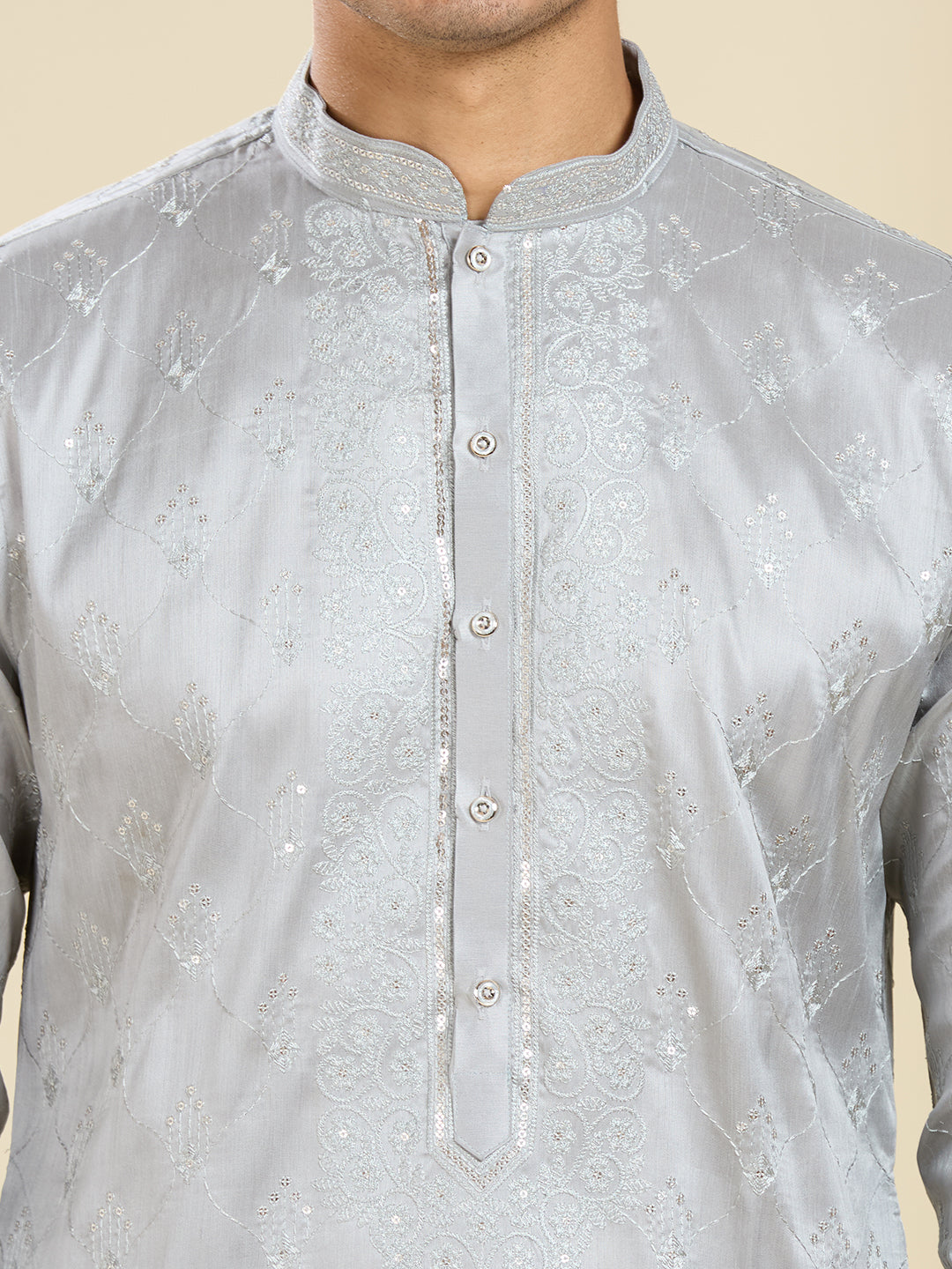 MAJESTIC GREY KURTA PYJAMA SET WITH INTRICATE NECK EMBROIDERY WORK