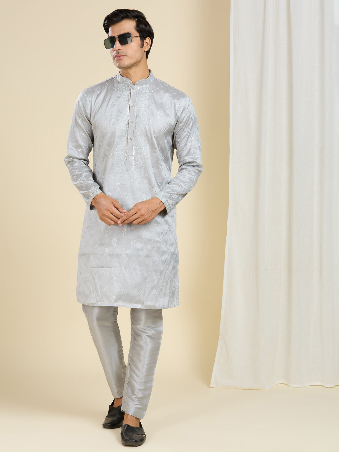 MAJESTIC GREY KURTA PYJAMA SET WITH INTRICATE NECK EMBROIDERY WORK