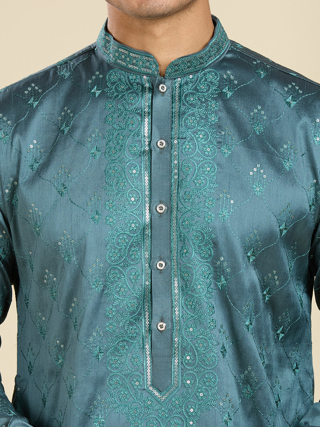 PEACOCK GREEN KURTA PYJAMA SET WITH INTRICATE NECK EMBROIDERY WORK