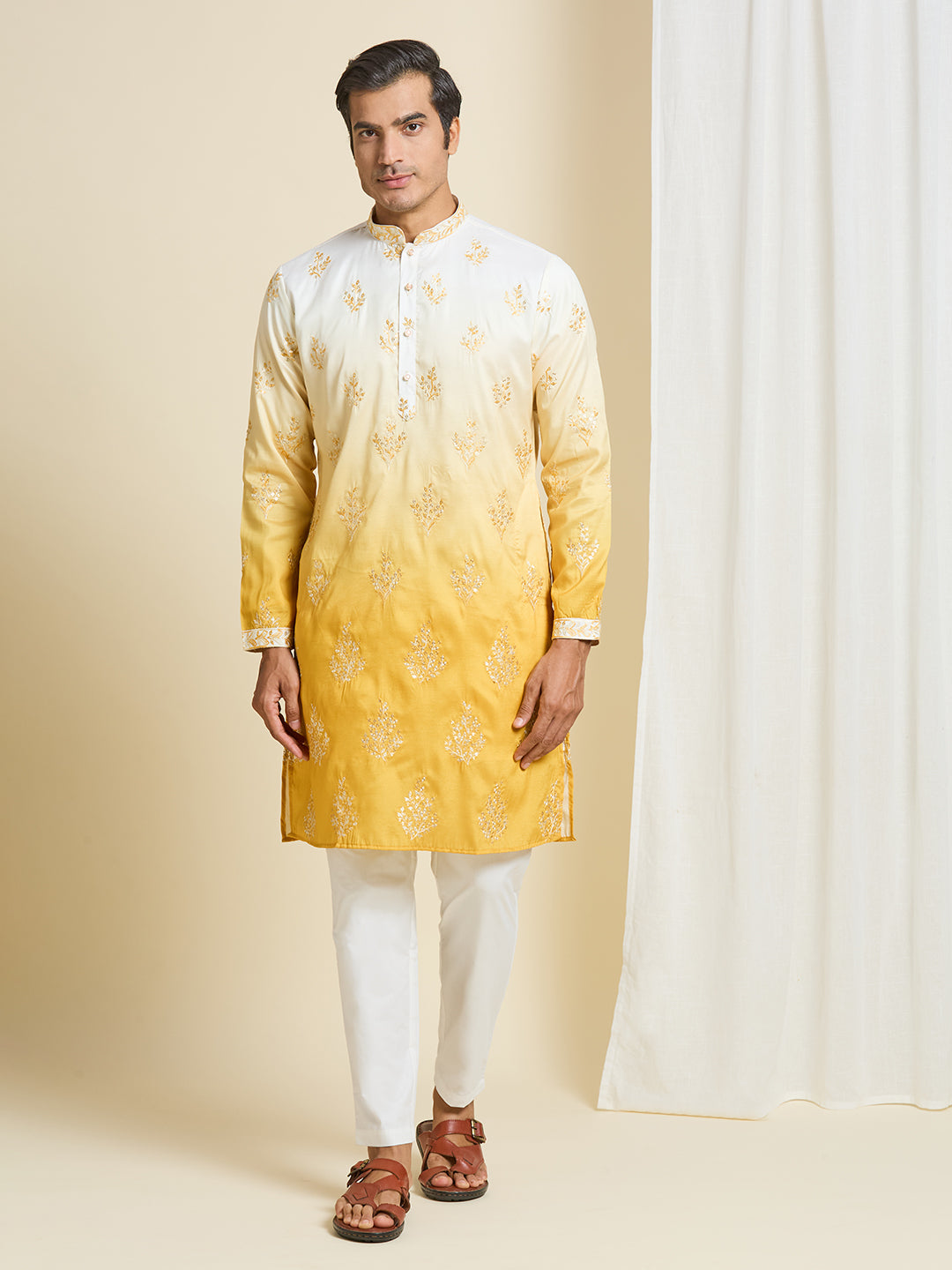 PENELOPE YELLOW OMBRE EFFECT FLORAL LEAF EMBROIDERY KURTA PYJAMA SET WITH LINING