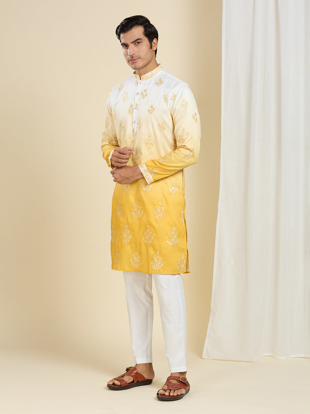 PENELOPE YELLOW OMBRE EFFECT FLORAL LEAF EMBROIDERY KURTA PYJAMA SET WITH LINING