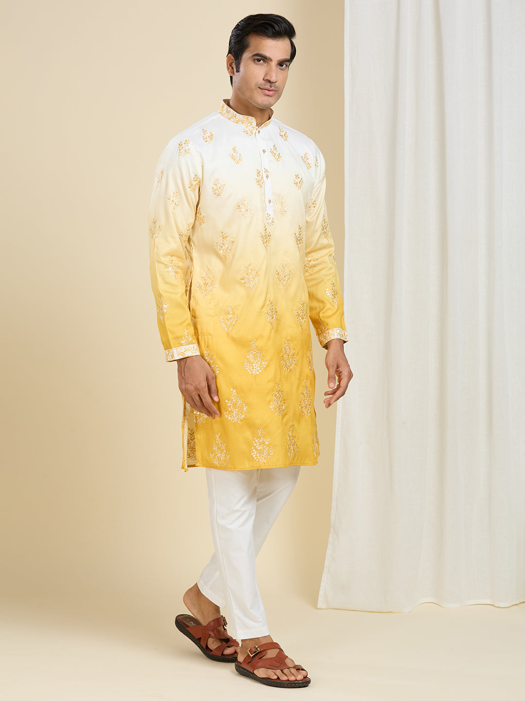PENELOPE YELLOW OMBRE EFFECT FLORAL LEAF EMBROIDERY KURTA PYJAMA SET WITH LINING