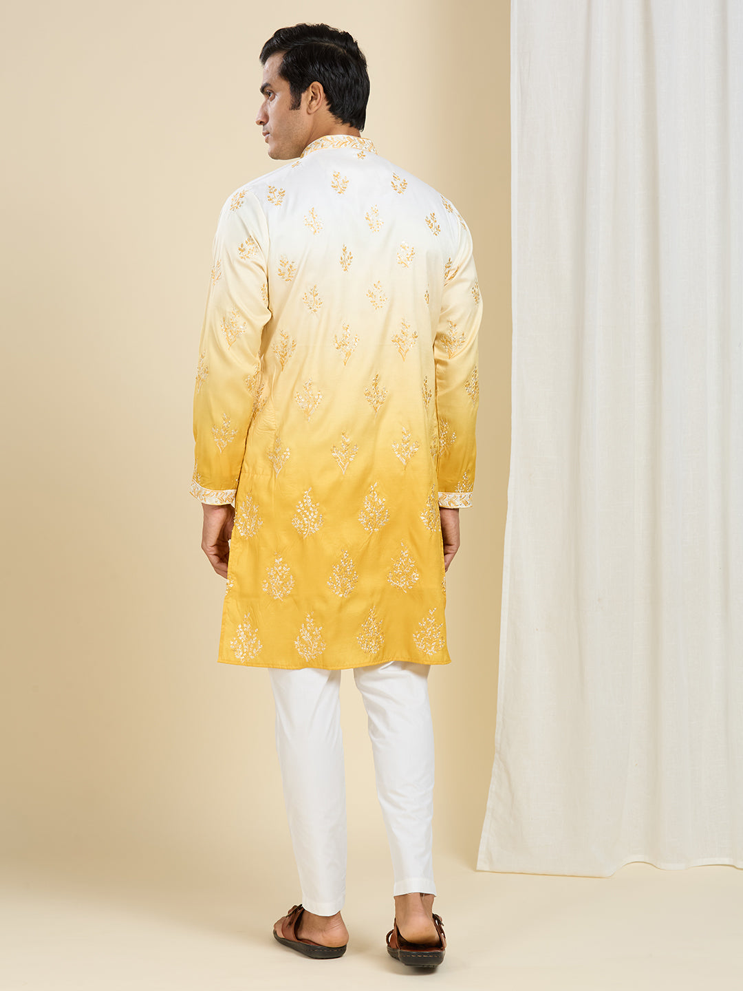 PENELOPE YELLOW OMBRE EFFECT FLORAL LEAF EMBROIDERY KURTA PYJAMA SET WITH LINING