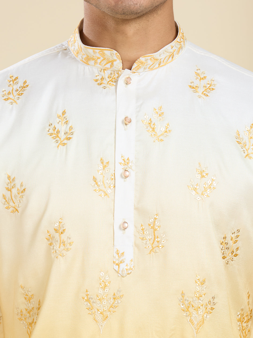 PENELOPE YELLOW OMBRE EFFECT FLORAL LEAF EMBROIDERY KURTA PYJAMA SET WITH LINING