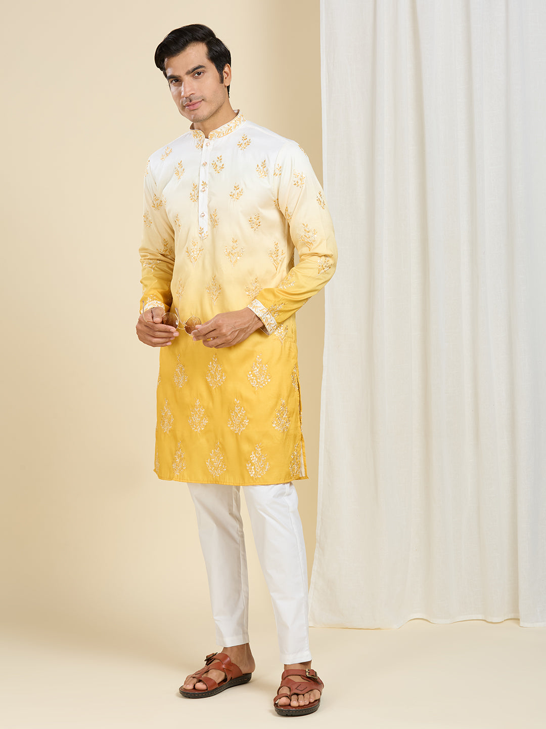 PENELOPE YELLOW OMBRE EFFECT FLORAL LEAF EMBROIDERY KURTA PYJAMA SET WITH LINING