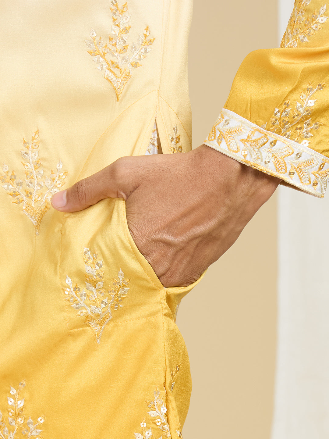 PENELOPE YELLOW OMBRE EFFECT FLORAL LEAF EMBROIDERY KURTA PYJAMA SET WITH LINING