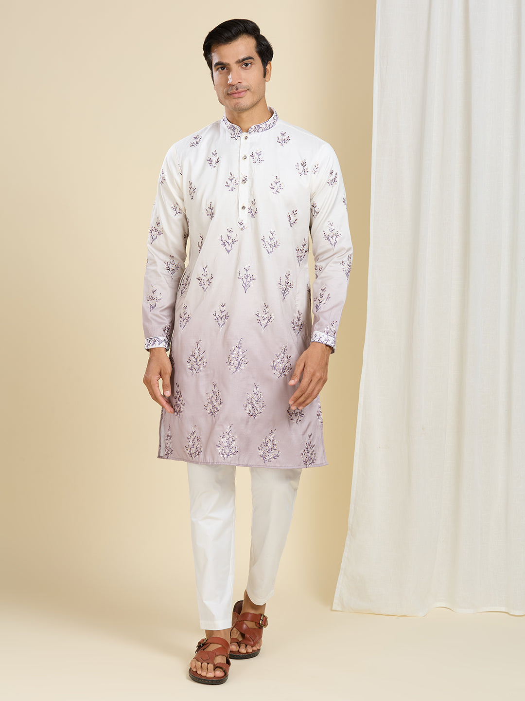 SOOTHING MAUVE OMBRE EFFECT FLORAL LEAF EMBROIDERY KURTA PYJAMA SET WITH LINING